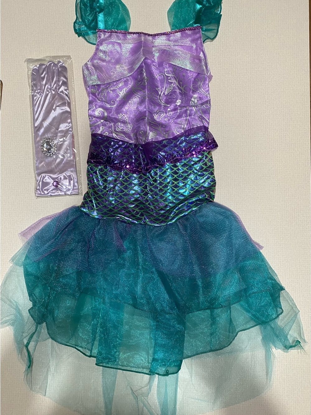 Girls Purple and Teal Mermaid Costume Dress with Jewel Glove